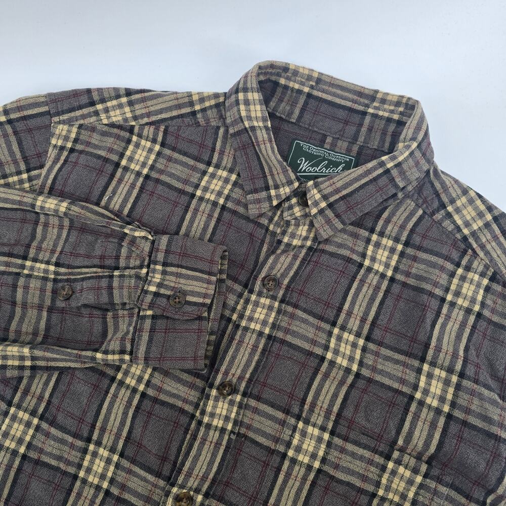 Woolrich Plaid Heavy Flannel Shirt Men's L Oxford Bend Brown Cotton